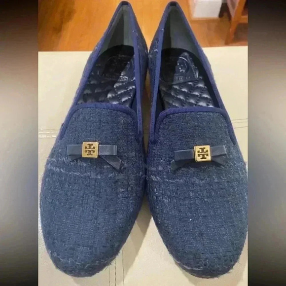 TORY Burch Chandra Tweed Navy Blue Loafers Sz 7.5 - Picture 3 of 12